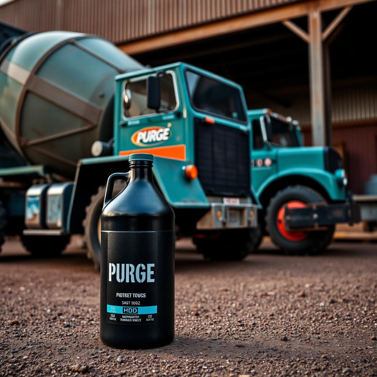 Purge HD jug beside restored cement truck